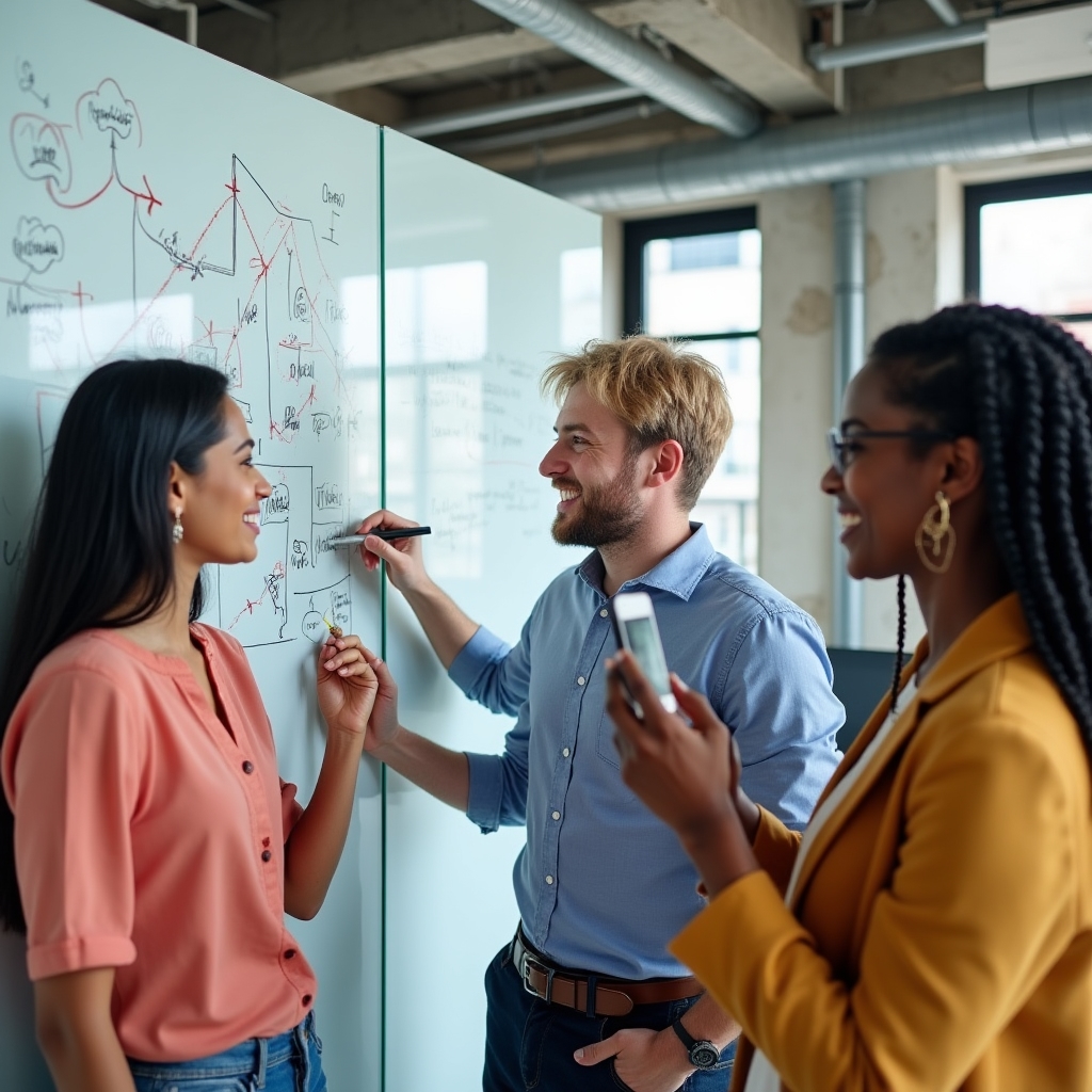 Workshopteilnehmer arbeiten gemeinsam an einem Whiteboard